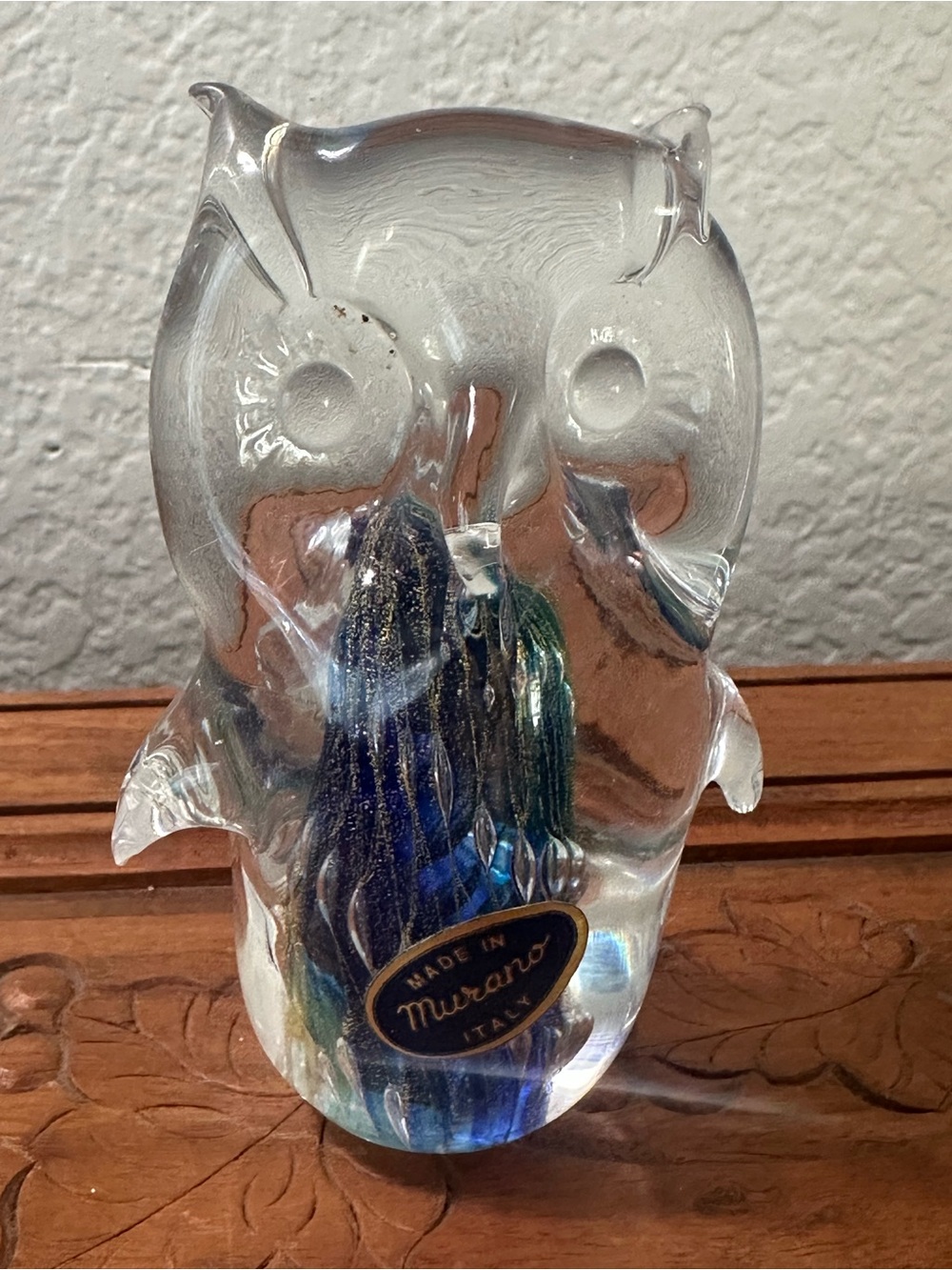 Murano Clear Glass Owl with Blue and Green Internal Ribbons